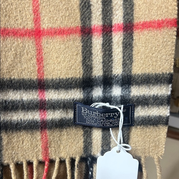 Burberrys London Tan Plaid Scarf with Red and Black Accents - Picture 2 of 2